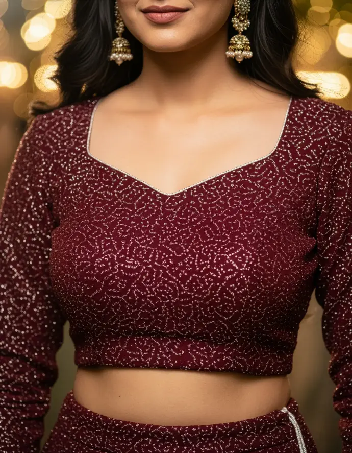 Designer crop top lehenga in wine-red sequin embroidery fabric with diamond neckline, full bracelet sleeves, and handcrafted latkans by Usha Designer Studio Vijayawada.