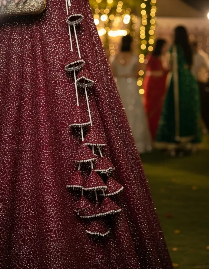 Designer crop top lehenga in wine-red sequin embroidery fabric with diamond neckline, full bracelet sleeves, and handcrafted latkans by Usha Designer Studio Vijayawada.