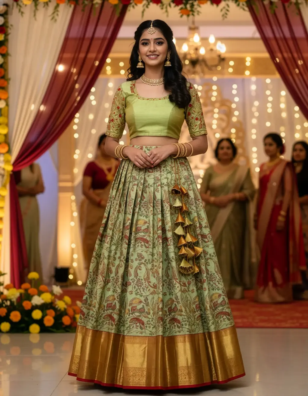 Tailor-made olive green Kanchi pattu lehenga set with U-neck Aari-work blouse and peacock motifs, styled with handcrafted heavy latkans by Usha Designer Studio, Vijayawada.