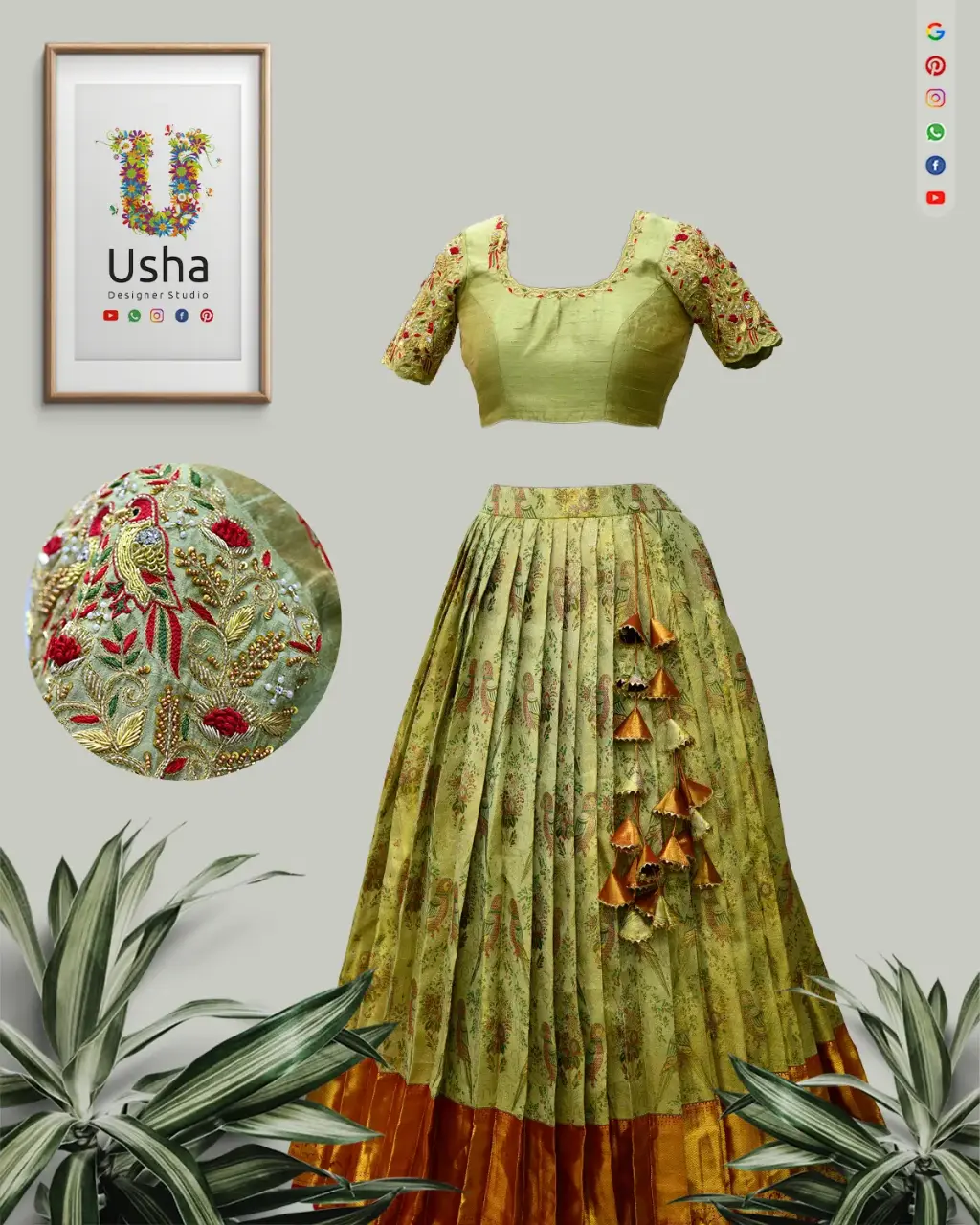 Tailor-made olive green Kanchi pattu lehenga set with U-neck Aari-work blouse and peacock motifs, styled with handcrafted heavy latkans by Usha Designer Studio, Vijayawada.