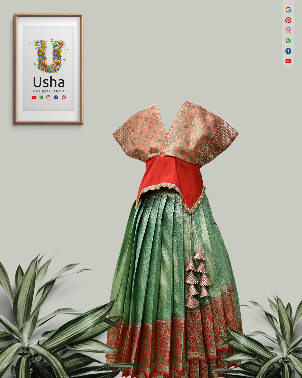 Handcrafted Kids Peplum Crop Top Lehenga in green Kanchi Pattu silk with coral-red Kaftan style blouse and maggam lace by Usha Designer Studio, Vijayawada.