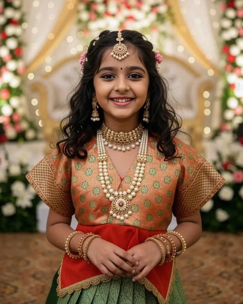 Handcrafted Kids Peplum Crop Top Lehenga in green Kanchi Pattu silk with coral-red Kaftan style blouse and maggam lace by Usha Designer Studio, Vijayawada.