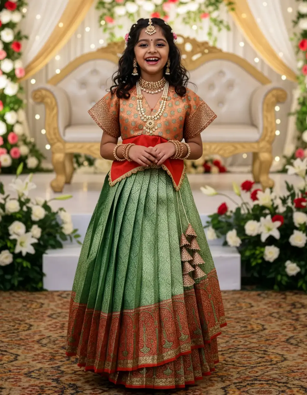 Handcrafted Kids Peplum Crop Top Lehenga in green Kanchi Pattu silk with coral-red Kaftan style blouse and maggam lace by Usha Designer Studio, Vijayawada.