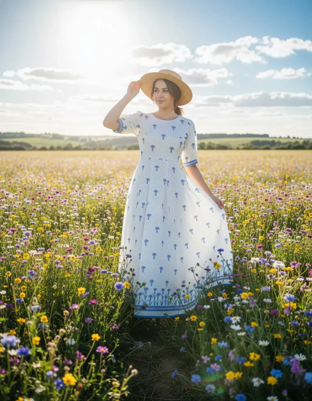 White pure cotton long frock with blue floral print, U-neck, puff hands, and flowing ghera. Upcycled from a saree by Usha Designer Studio