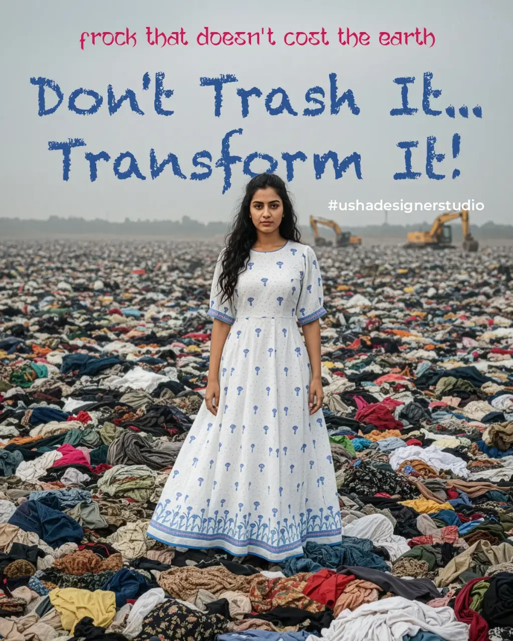 White pure cotton long frock with blue floral print, U-neck, puff hands, and flowing ghera. Upcycled from a saree by Usha Designer Studio