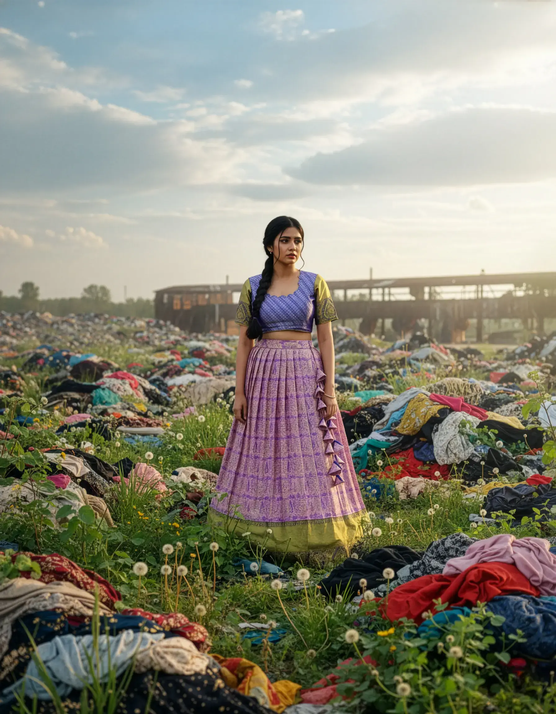 upcycled from a pure Kanchi Pattu Saree. The lehenga is pleated, in shades of lilac and gold, featuring hand-crafted blue and gold heavy latkans on the side. The matching blue and gold brocade choli blouse is visible.