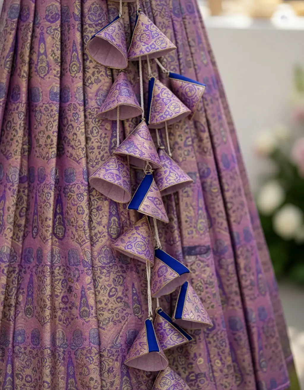 upcycled from a pure Kanchi Pattu Saree. The lehenga is pleated, in shades of lilac and gold, featuring hand-crafted blue and gold heavy latkans on the side. The matching blue and gold brocade choli blouse is visible.