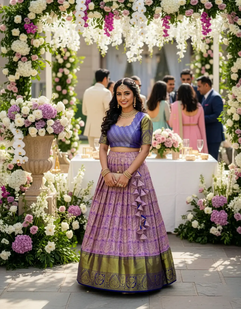 upcycled from a pure Kanchi Pattu Saree. The lehenga is pleated, in shades of lilac and gold, featuring hand-crafted blue and gold heavy latkans on the side. The matching blue and gold brocade choli blouse is visible.