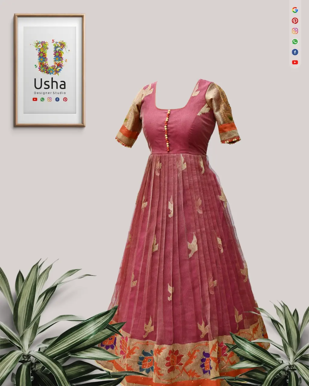 Full-length view of a custom-made long frock upcycled from an heirloom pink Kota saree, featuring a designer yoke with small golden potli balls, 3/4 brocade sleeves, and a flowy skirt with 1-inch pleats and a rich, embroidered border.