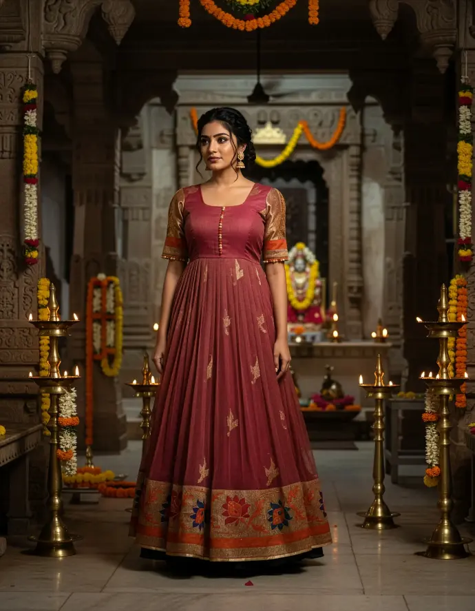 Full-length view of a custom-made long frock upcycled from an heirloom pink Kota saree, featuring a designer yoke with small golden potli balls, 3/4 brocade sleeves, and a flowy skirt with 1-inch pleats and a rich, embroidered border.