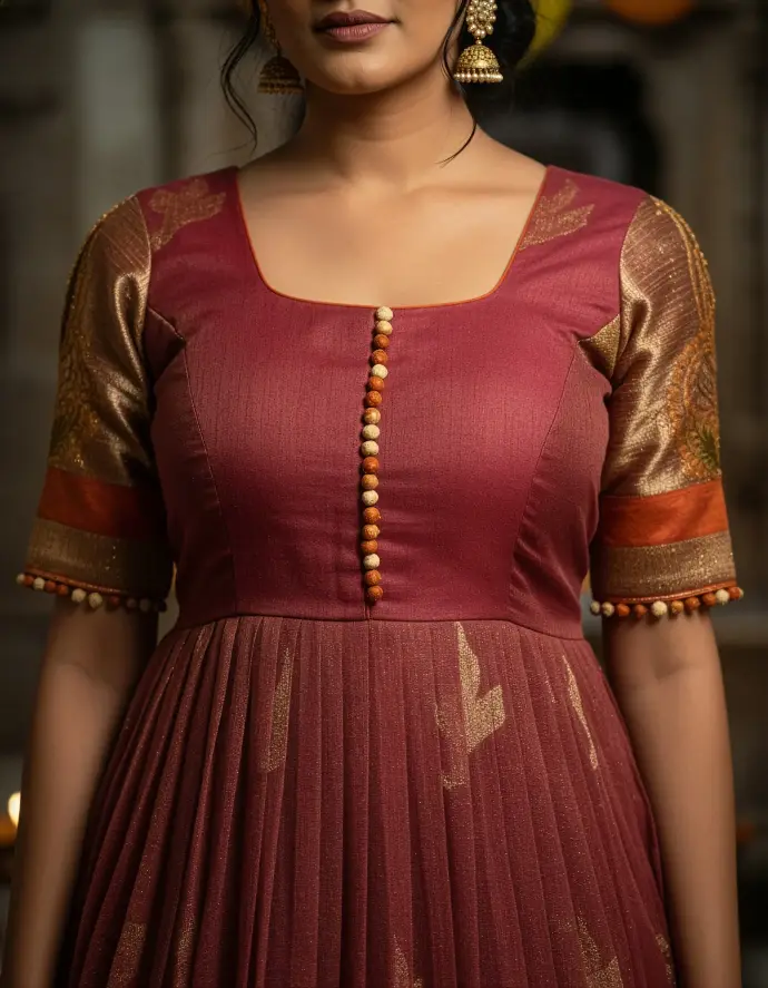 Full-length view of a custom-made long frock upcycled from an heirloom pink Kota saree, featuring a designer yoke with small golden potli balls, 3/4 brocade sleeves, and a flowy skirt with 1-inch pleats and a rich, embroidered border.