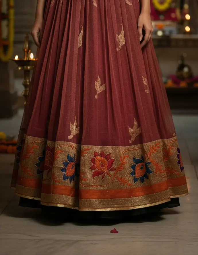 Full-length view of a custom-made long frock upcycled from an heirloom pink Kota saree, featuring a designer yoke with small golden potli balls, 3/4 brocade sleeves, and a flowy skirt with 1-inch pleats and a rich, embroidered border.