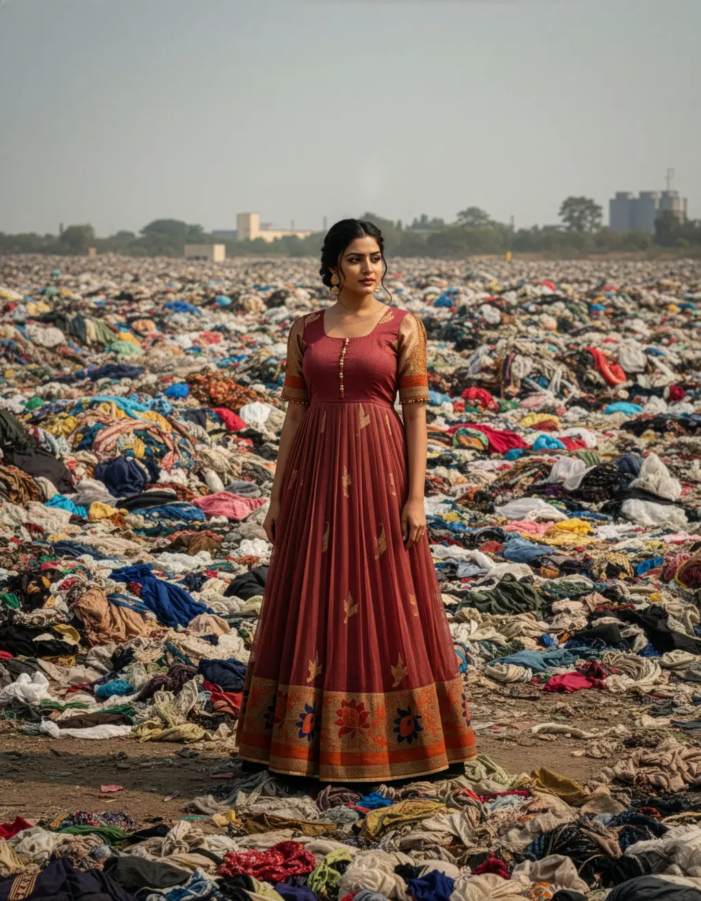Full-length view of a custom-made long frock upcycled from an heirloom pink Kota saree, featuring a designer yoke with small golden potli balls, 3/4 brocade sleeves, and a flowy skirt with 1-inch pleats and a rich, embroidered border.