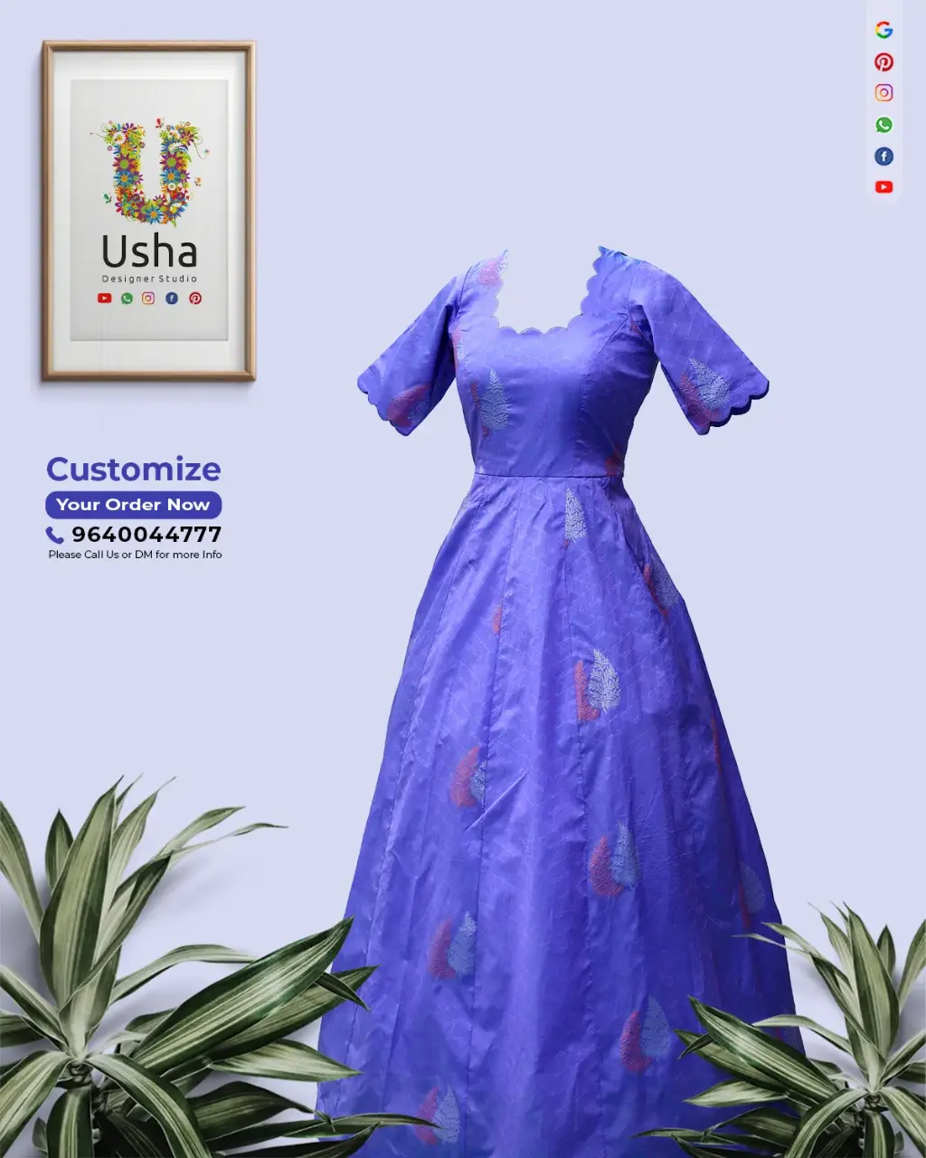 Full-length image of a tailor-made, vibrant purple silk long frock with a full Kalli cut Gera, a scalloped neckline, and elbow-length sleeves with scalloped edges. Upcycled from an heirloom saree by Usha Designer Studio, Vijayawada.