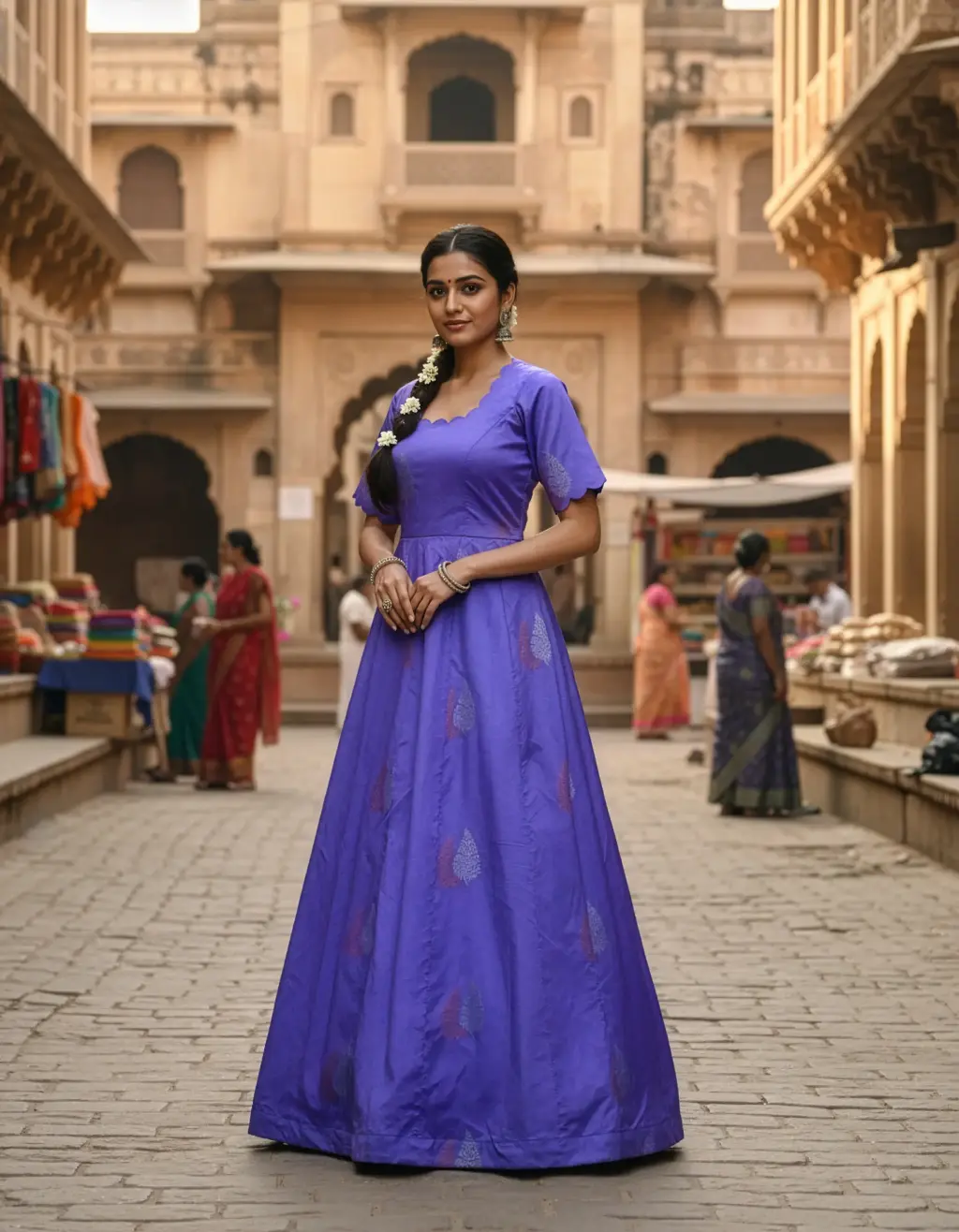 Full-length image of a tailor-made, vibrant purple silk long frock with a full Kalli cut Gera, a scalloped neckline, and elbow-length sleeves with scalloped edges. Upcycled from an heirloom saree by Usha Designer Studio, Vijayawada.