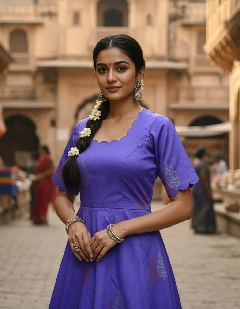 Full-length image of a tailor-made, vibrant purple silk long frock with a full Kalli cut Gera, a scalloped neckline, and elbow-length sleeves with scalloped edges. Upcycled from an heirloom saree by Usha Designer Studio, Vijayawada.