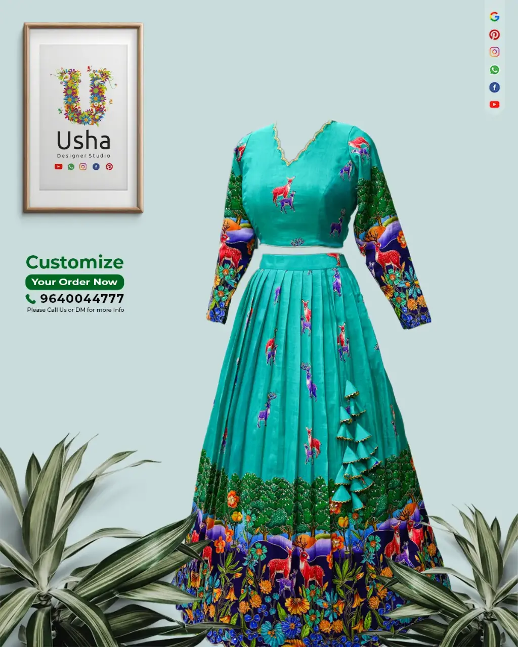 Image of a tailor-made teal-blue crop top lehenga featuring a multi-colored forest/jungle animal print, long sleeves, V-neck Aari scallop, and heavy triangular latkans on the pleated skirt.