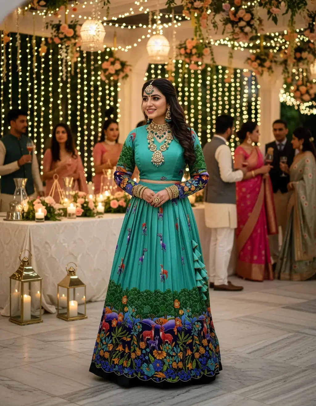 Image of a tailor-made teal-blue crop top lehenga featuring a multi-colored forest/jungle animal print, long sleeves, V-neck Aari scallop, and heavy triangular latkans on the pleated skirt.
