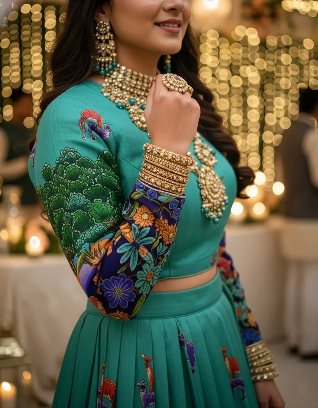 Image of a tailor-made teal-blue crop top lehenga featuring a multi-colored forest/jungle animal print, long sleeves, V-neck Aari scallop, and heavy triangular latkans on the pleated skirt.