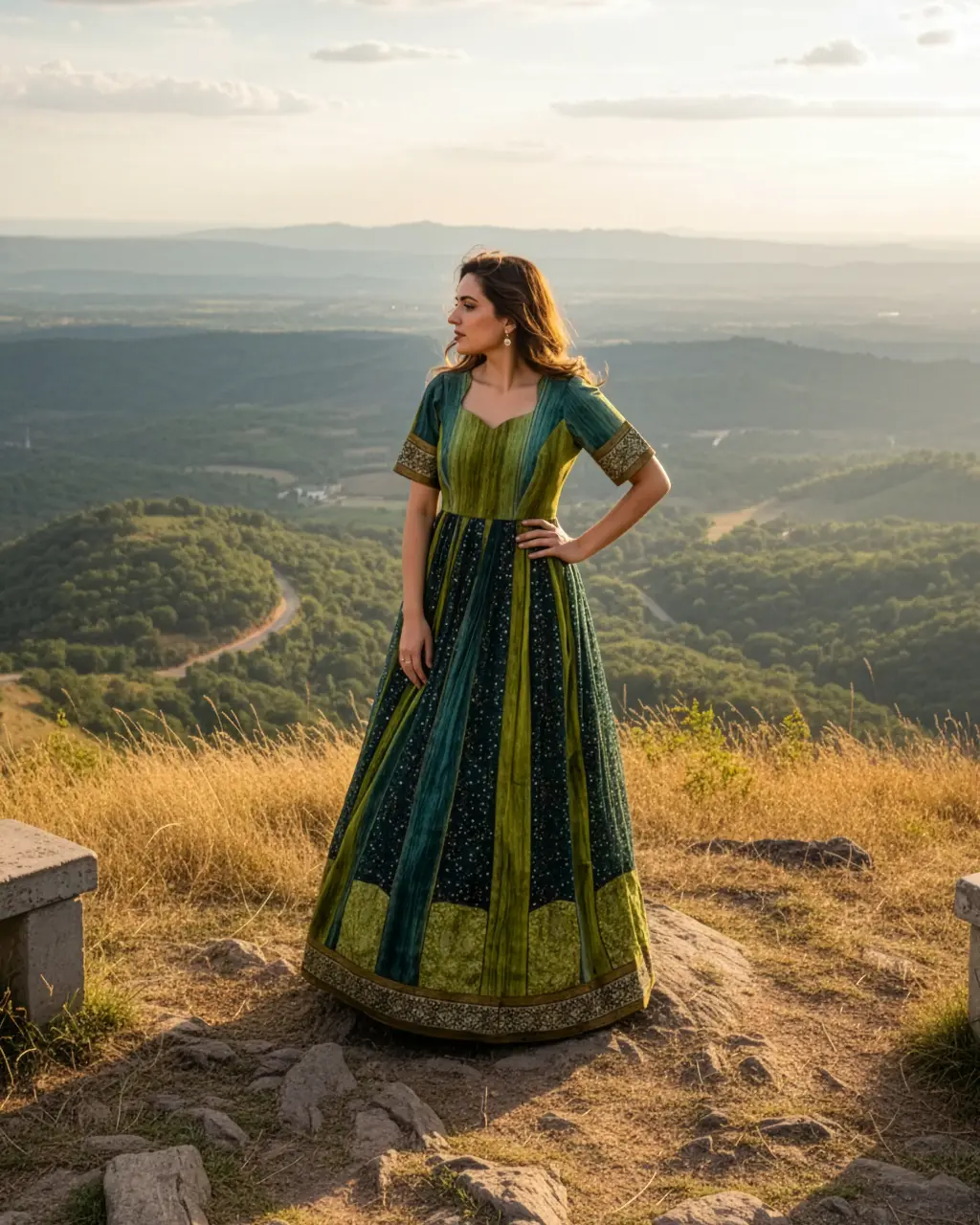 Full-length image of a tailor-made, vibrant green and gold two-toned long frock. Features a heart-shaped neckline, elbow sleeves with a woven gold border, and a highly flowy Kalli Cut Gera. Upcycled from an heirloom saree by Usha Designer Studio.
