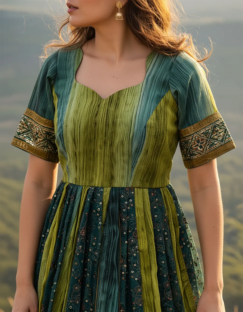 Full-length image of a tailor-made, vibrant green and gold two-toned long frock. Features a heart-shaped neckline, elbow sleeves with a woven gold border, and a highly flowy Kalli Cut Gera. Upcycled from an heirloom saree by Usha Designer Studio.