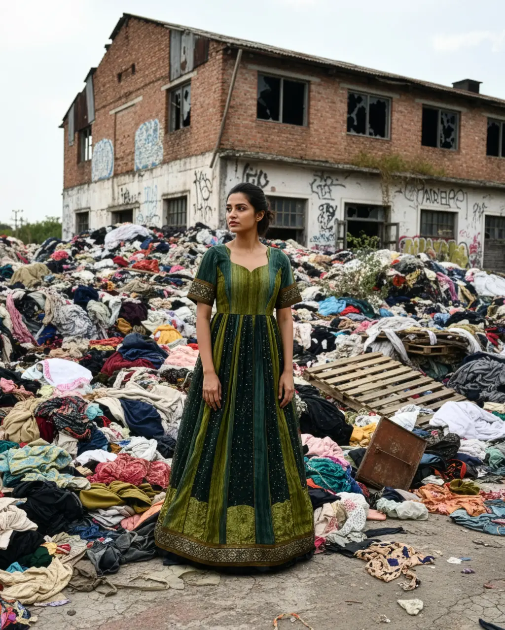 Full-length image of a tailor-made, vibrant green and gold two-toned long frock. Features a heart-shaped neckline, elbow sleeves with a woven gold border, and a highly flowy Kalli Cut Gera. Upcycled from an heirloom saree by Usha Designer Studio.