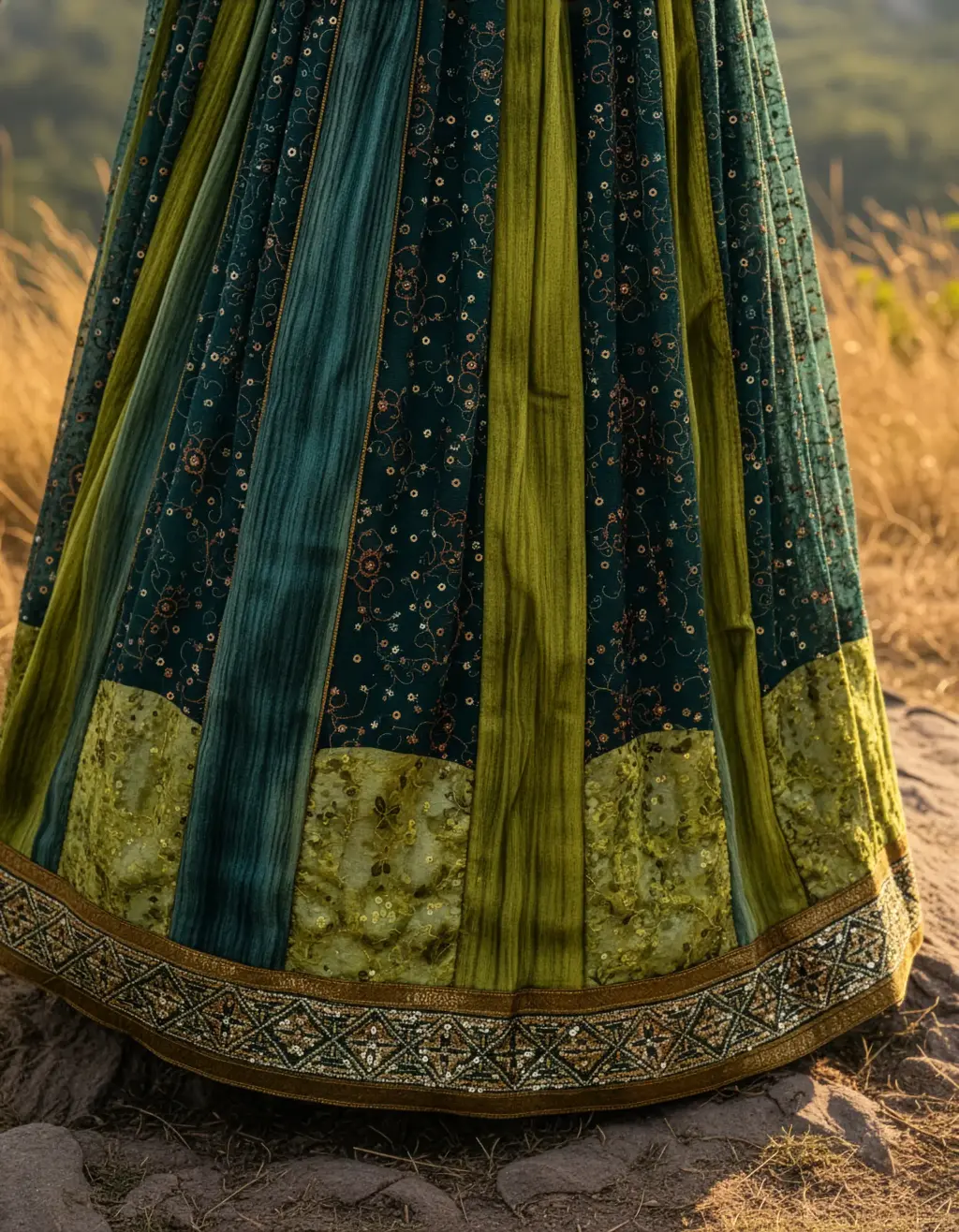 Full-length image of a tailor-made, vibrant green and gold two-toned long frock. Features a heart-shaped neckline, elbow sleeves with a woven gold border, and a highly flowy Kalli Cut Gera. Upcycled from an heirloom saree by Usha Designer Studio.