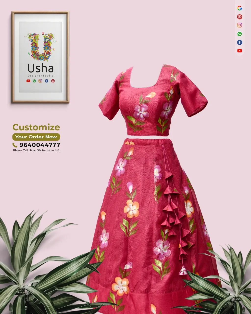 Hand-Painted Kota Crop Top Lehenga - Custom Tailoring in Vijayawada Hand-painted floral design on a vibrant pink Kota fabric crop top lehenga with heavy side latkans, created by Usha Designer Studio.