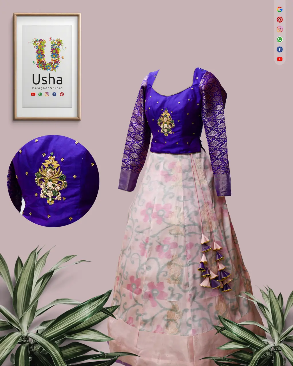 Heirloom Saree to Crop Top Lehenga | Custom Aari Work | Usha Designer Studio, Vijayawada Royal purple designer crop top blouse with intricate Aari work and bracelet sleeves paired with a pale pink floral Kalli-cut lehenga and heavy handmade latkans by Usha Designer Studio.
