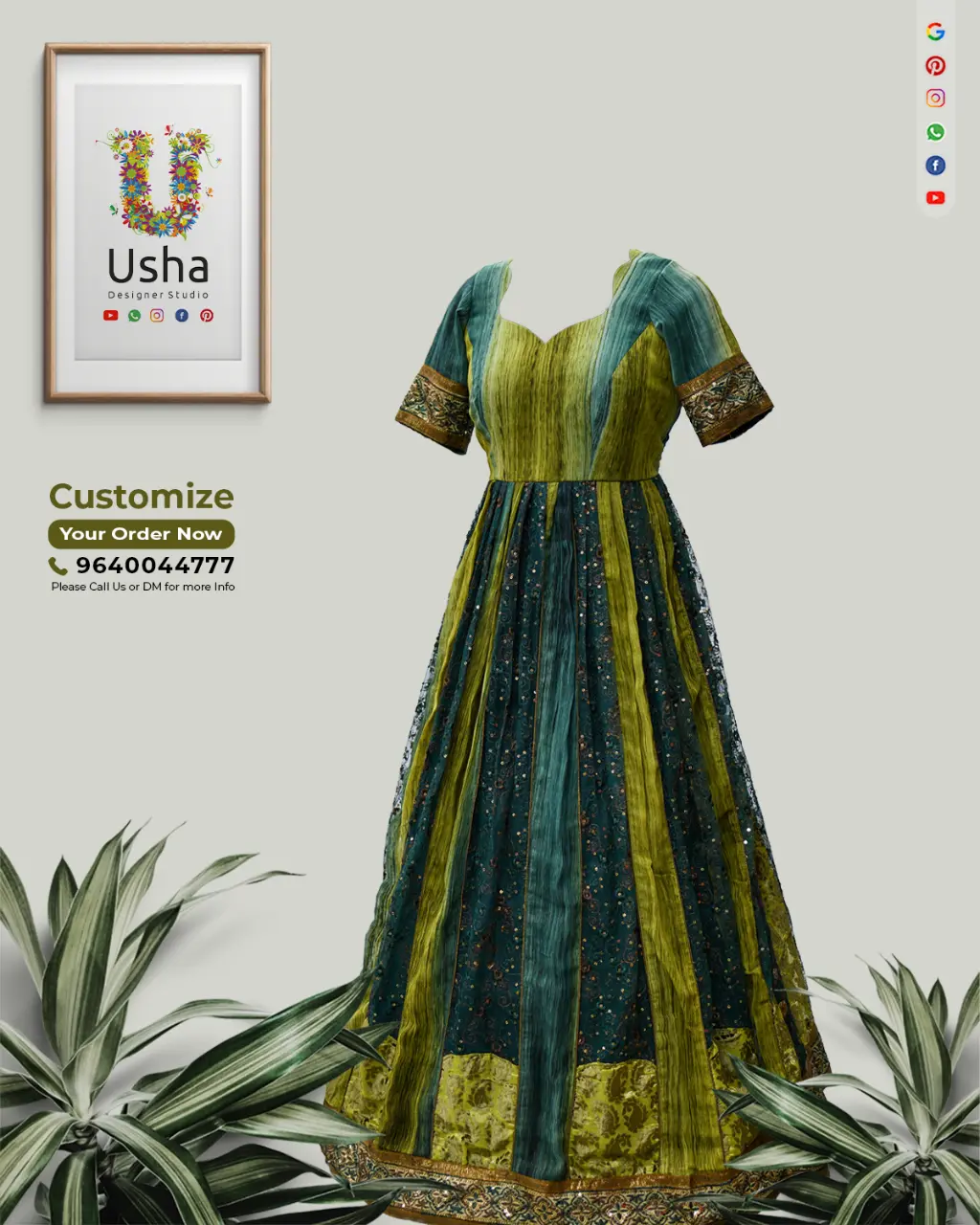 Full-length image of a tailor-made, vibrant green and gold two-toned long frock. Features a heart-shaped neckline, elbow sleeves with a woven gold border, and a highly flowy Kalli Cut Gera. Upcycled from an heirloom saree by Usha Designer Studio.