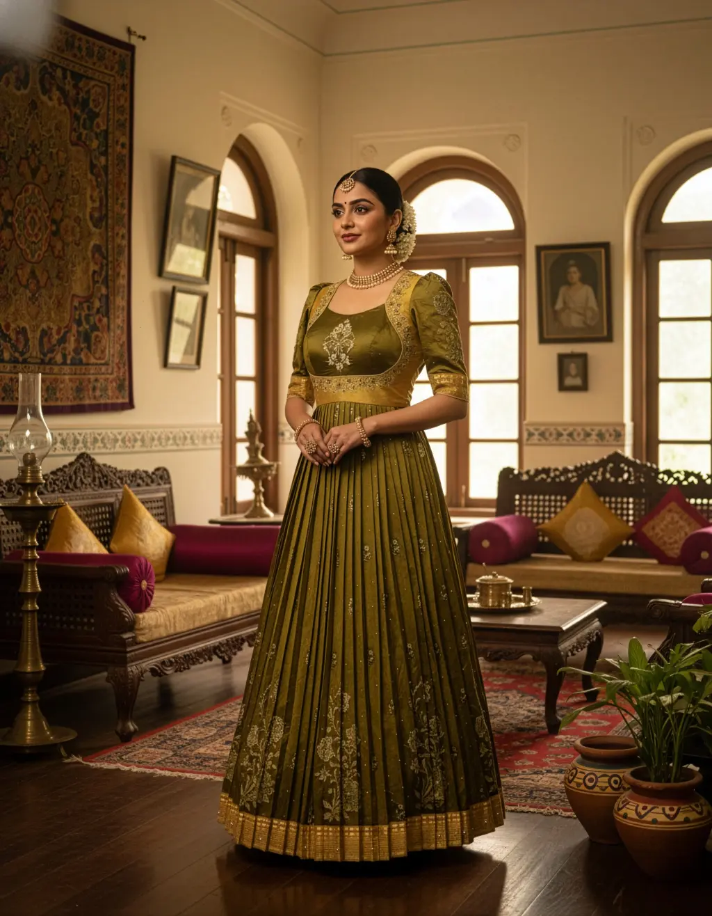 Olive-gold Kanchi Pattu saree converted into pleated long frock with aari-work choli blouse and subtle puff sleeves by Usha Designer Studio Vijayawada.