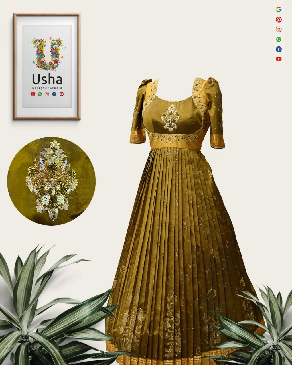 Olive-gold Kanchi Pattu saree converted into pleated long frock with aari-work choli blouse and subtle puff sleeves by Usha Designer Studio Vijayawada.