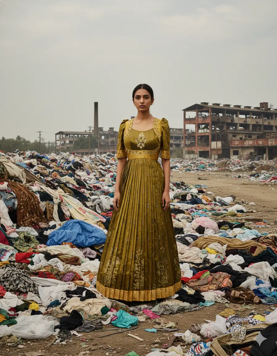 Olive-gold Kanchi Pattu saree converted into pleated long frock with aari-work choli blouse and subtle puff sleeves by Usha Designer Studio Vijayawada.