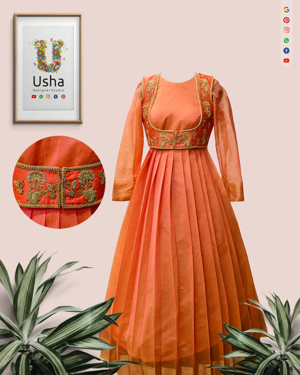 Peach-orange A-line long frock converted from saree with sheer sleeves and overcoat-style yoke, embellished with intricate Aari embroidery by Usha Designer Studio Vijayawada