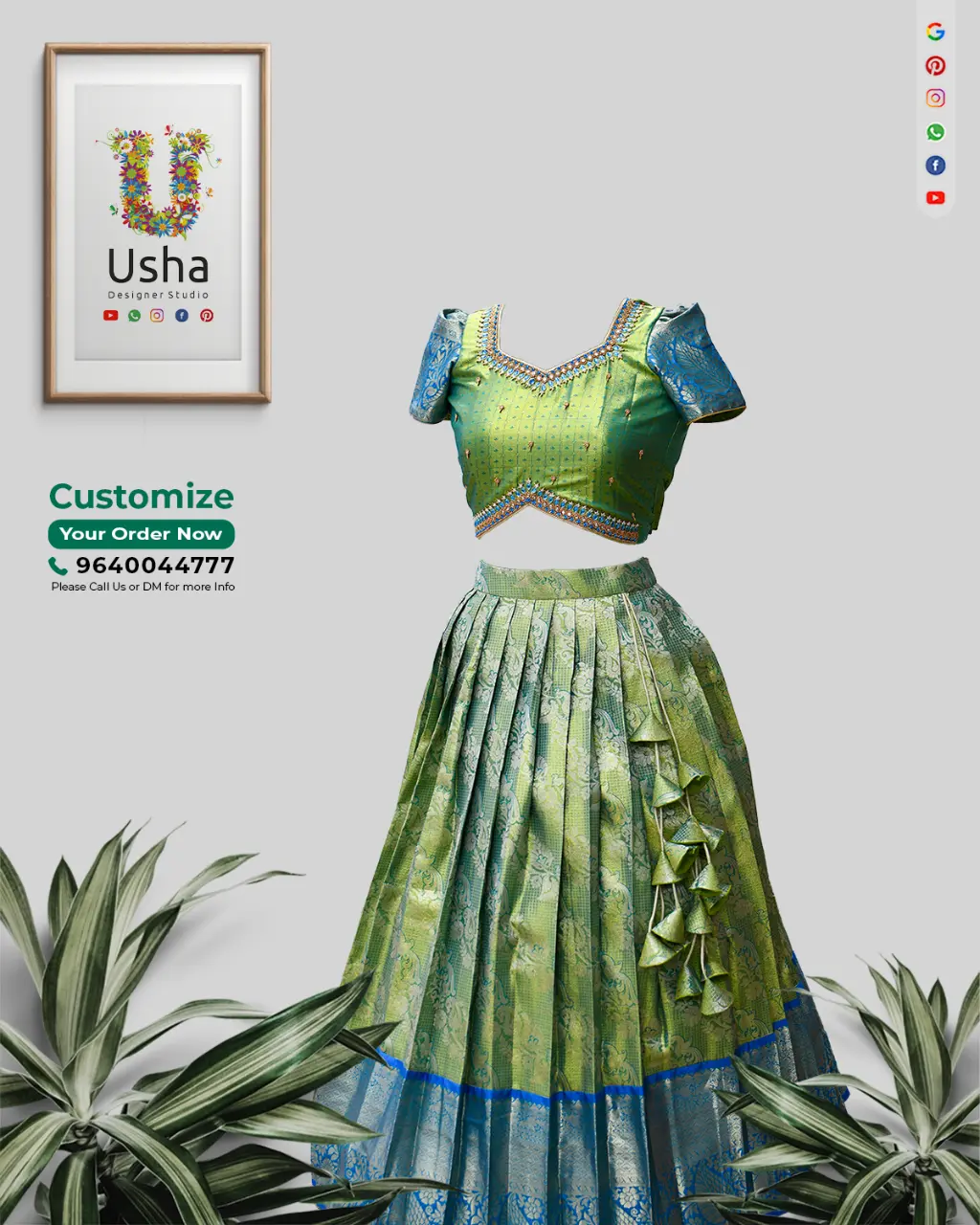 Kids Kanchi Pattu Crop Top Lehenga | Aari Work Choli & 1‑Inch Pleats | Usha Designer Studio Vijayawada Kids green Kanchi pattu crop top lehenga set with blue Aari work choli, subtle puff sleeves, 1‑inch pleated skirt and handcrafted latkans by Usha Designer Studio Vijayawada.