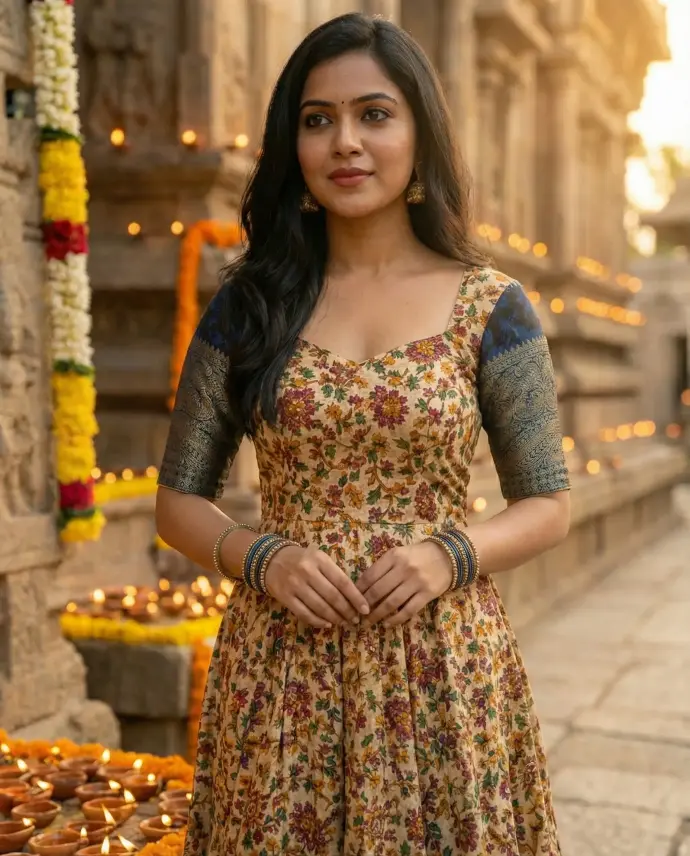 Tailor‑made kalamkari georgette saree to long frock with diamond neckline, long sleeves and Kalli cut flare by Usha Designer Studio Vijayawada.​