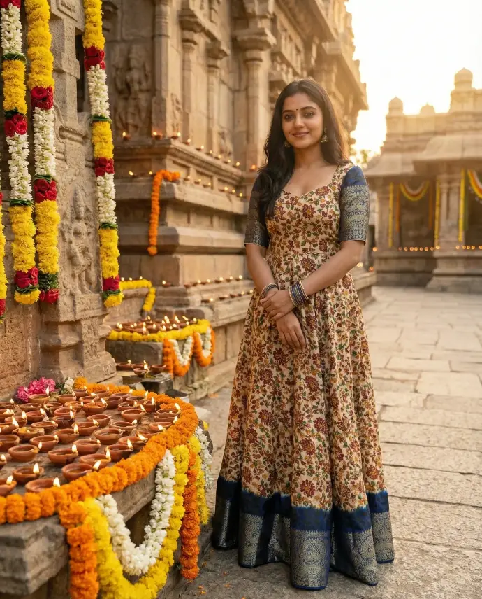 Tailor‑made kalamkari georgette saree to long frock with diamond neckline, long sleeves and Kalli cut flare by Usha Designer Studio Vijayawada.​
