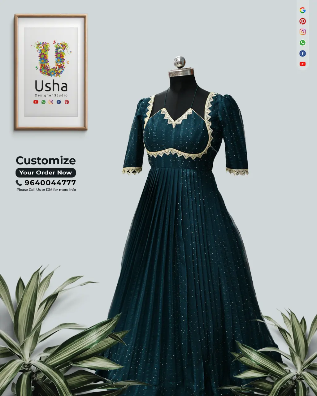 Tailor-Made Saree to Long Frock | Designer Yoke Maggam Lace | Usha Designer Studio Saree to long frock transformation in deep teal georgette with designer maggam lace yoke, elbow puff sleeves and pleated skirt, tailor-made by Usha Designer Studio Vijayawada.