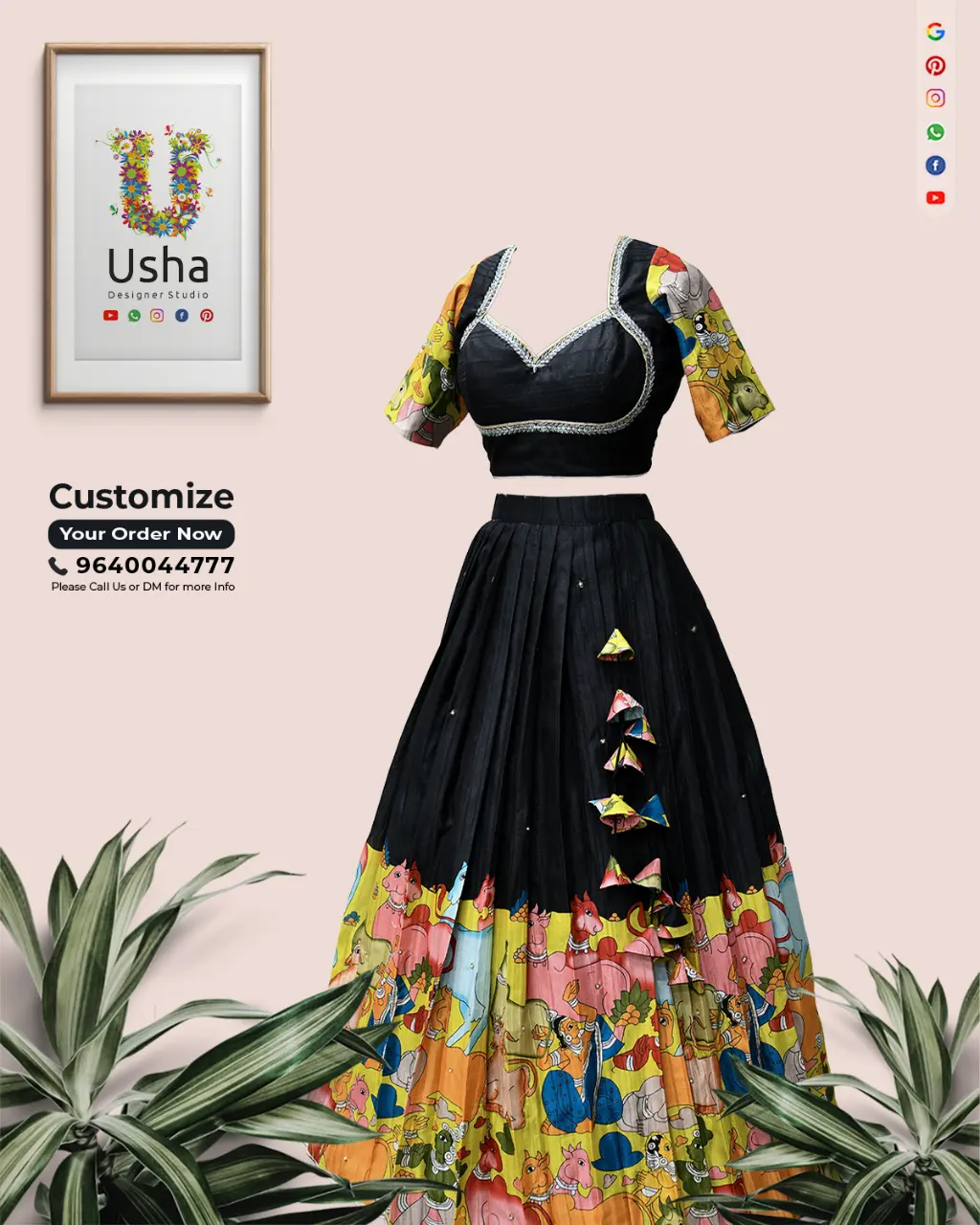 Tailor-Made Kalamkari Crop Top Lehenga with Aari Work Blouse | Usha Designer Studio Vijayawada Tailor-made black Kalamkari crop top lehenga with jungle print border, diamond-neck Aari work blouse and handcrafted heavy latkans by Usha Designer Studio Vijayawada.