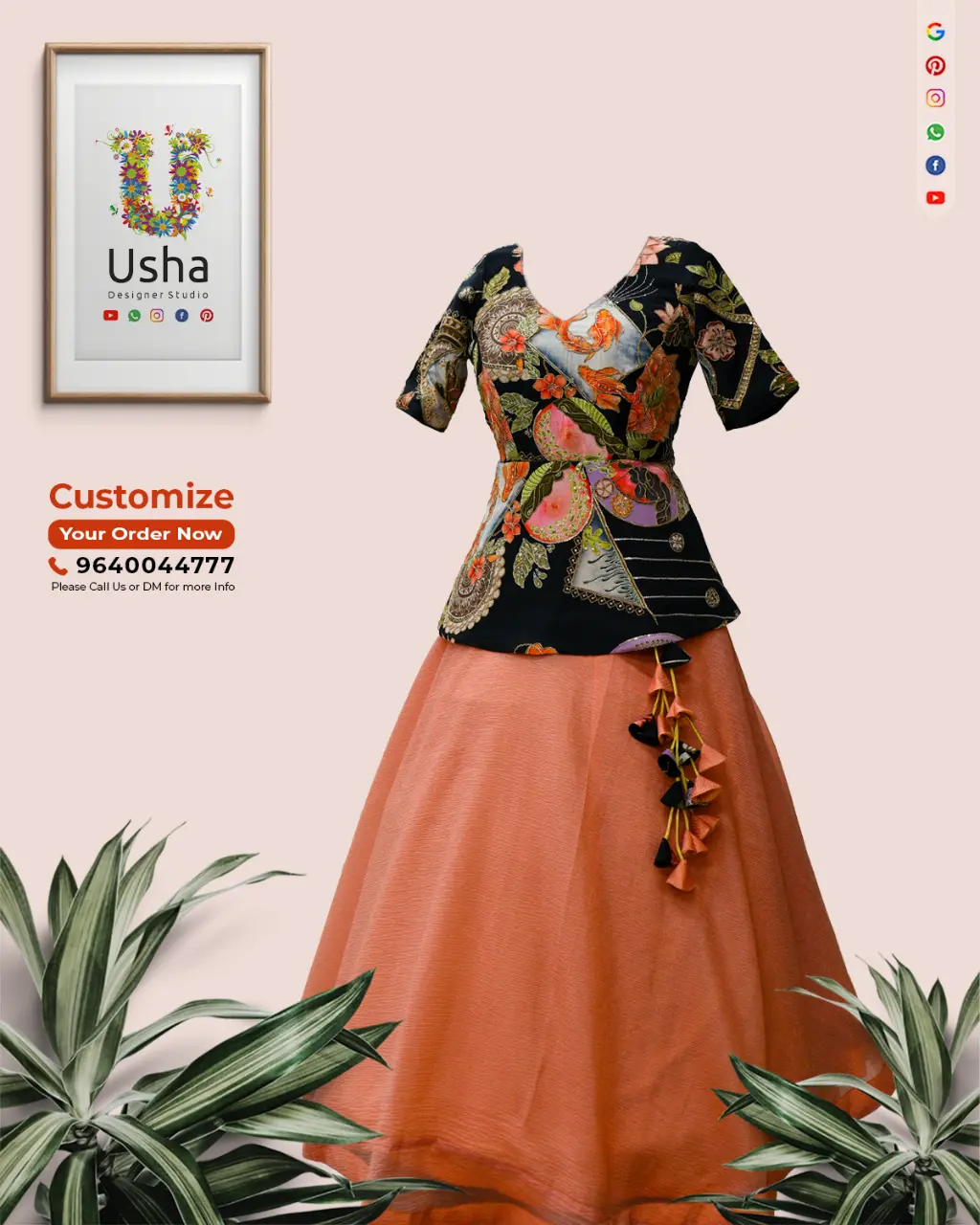 Peplum Choli Blouse & Flowy Georgette Lehenga – Bespoke Tailor-Made by Usha Designer Studio Vijayawada Tailor-made embroidered peplum choli blouse with V-neck and long sleeves, paired with a peach georgette lehenga with handcrafted latkans by Usha Designer Studio, Vijayawada.