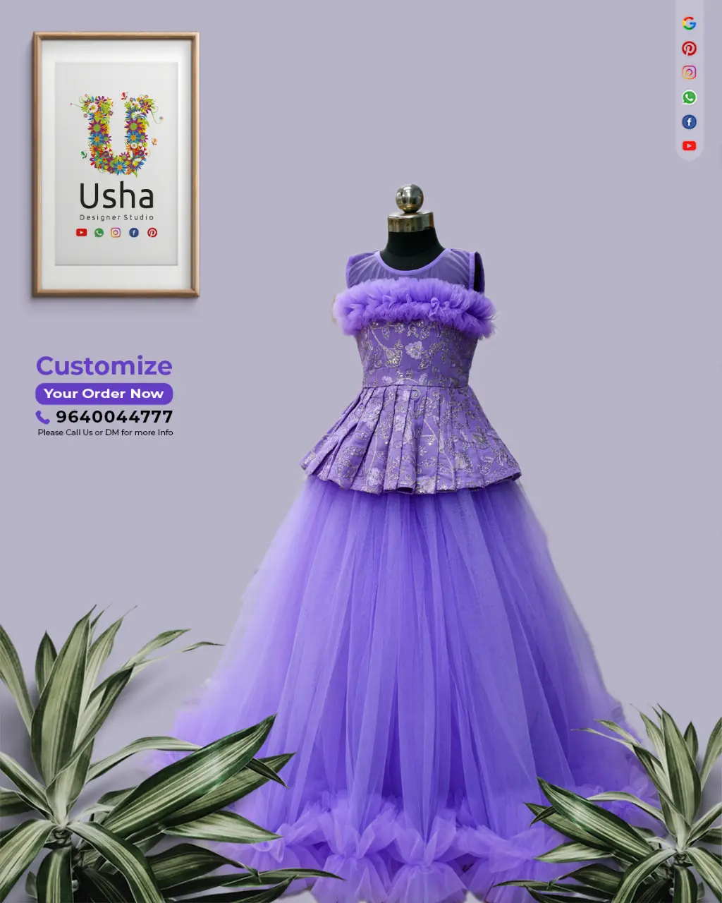 Kids Purple Designer Frock: Banaras Peplum Choli & Tulle Skirt - Usha Designer Studio Luxurious purple kids designer gown/frock with a pleated Banaras silk peplum blouse and a full, flowing net/tulle skirt