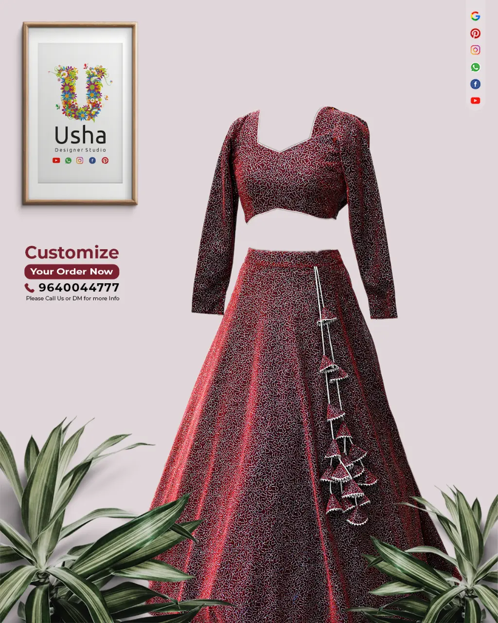 Tailor-Made Sequin Embroidered Crop Top Lehenga with Diamond Neckline – Usha Designer Studio Vijayawada Designer crop top lehenga in wine-red sequin embroidery fabric with diamond neckline, full bracelet sleeves, and handcrafted latkans by Usha Designer Studio Vijayawada.