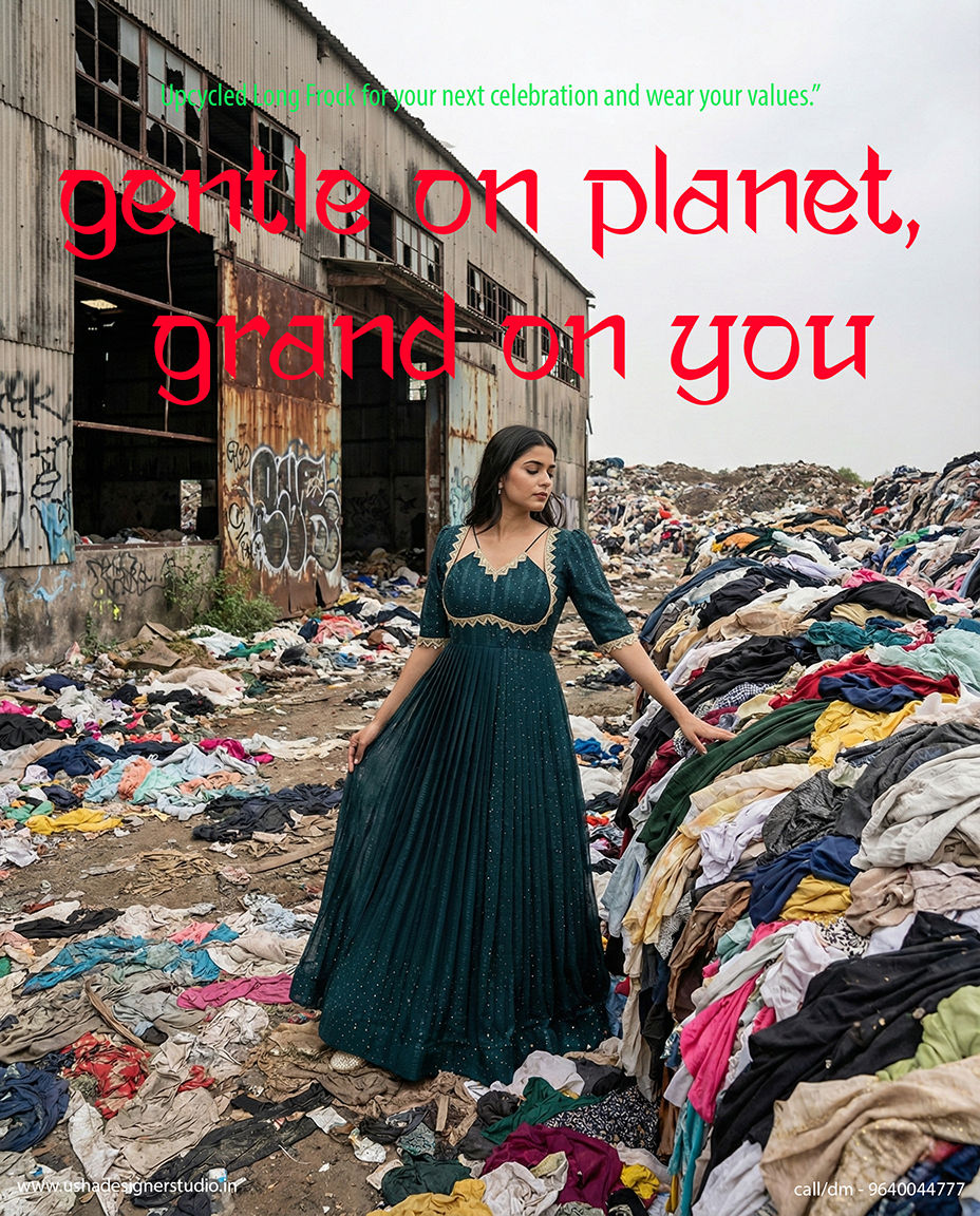 Saree to long frock transformation in deep teal georgette with designer maggam lace yoke, elbow puff sleeves and pleated skirt, tailor-made by Usha Designer Studio Vijayawada.