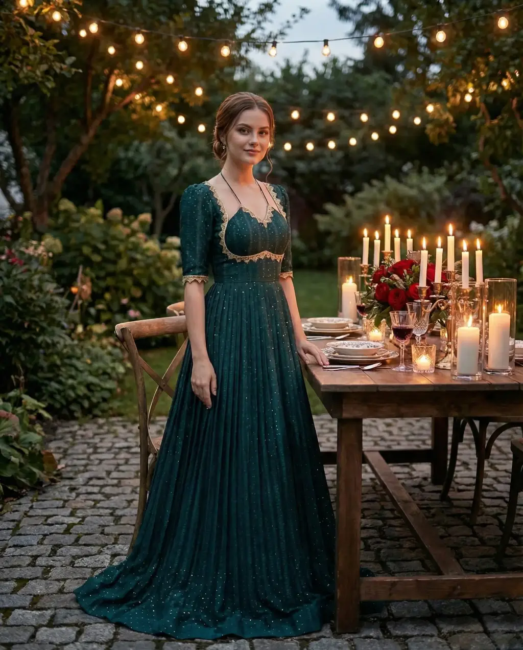 Saree to long frock transformation in deep teal georgette with designer maggam lace yoke, elbow puff sleeves and pleated skirt, tailor-made by Usha Designer Studio Vijayawada.