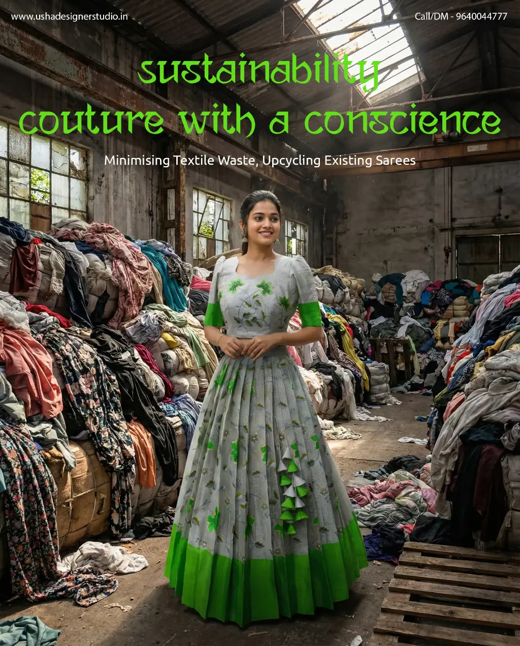 Saree transformed into designer crop top lehenga with heart neckline, puffed elbow sleeves and 1‑inch pleated gera skirt with handcrafted heavy latkans by Usha Designer Studio, Vijayawada.