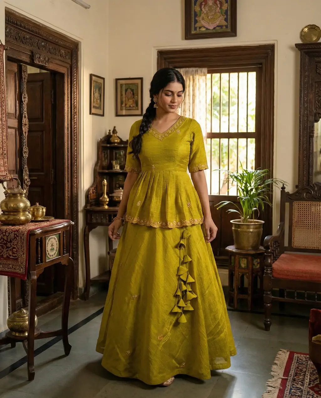 Mustard yellow saree upcycled into V‑neck elbow‑sleeve crop top lehenga with 1‑inch pleated skirt and handcrafted heavy latkans by Usha Designer Studio Vijayawada.