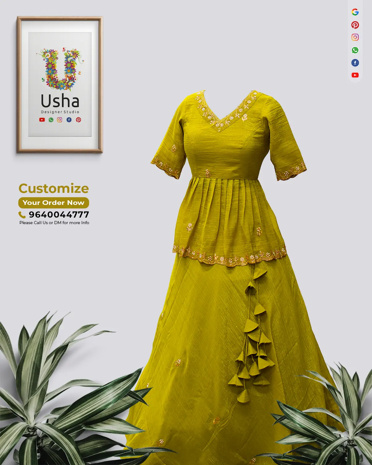 Mustard yellow saree upcycled into V‑neck elbow‑sleeve crop top lehenga with 1‑inch pleated skirt and handcrafted heavy latkans by Usha Designer Studio Vijayawada.