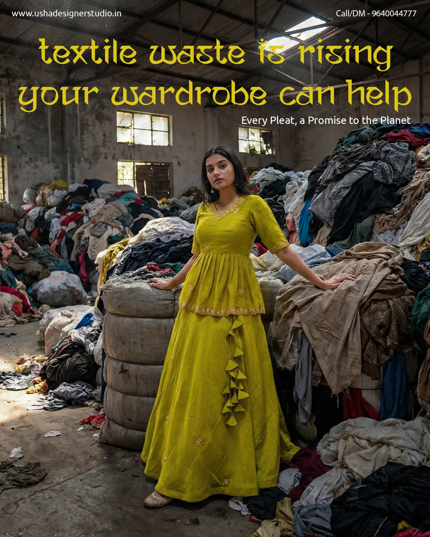 Mustard yellow saree upcycled into V‑neck elbow‑sleeve crop top lehenga with 1‑inch pleated skirt and handcrafted heavy latkans by Usha Designer Studio Vijayawada.