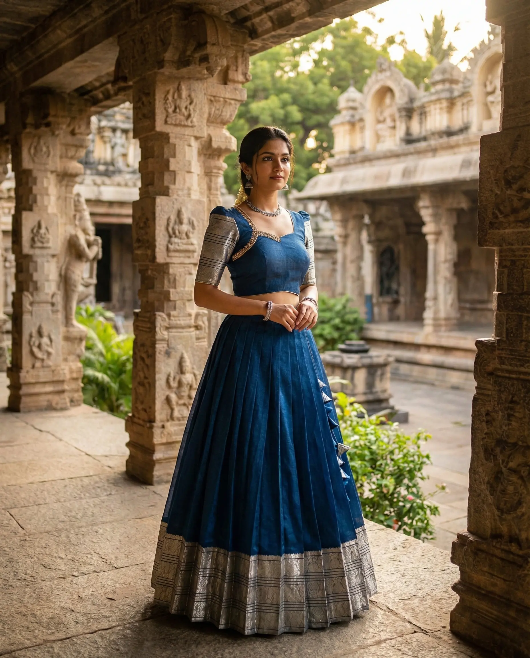 Royal blue Mangalagiri pattu crop top lehenga with heart-neck Aari work blouse, silver zari puff sleeves, 1‑inch pleated skirt and heavy handcrafted latkans by Usha Designer Studio Vijayawada.