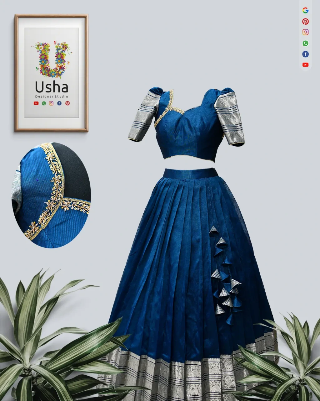 Royal blue Mangalagiri pattu crop top lehenga with heart-neck Aari work blouse, silver zari puff sleeves, 1‑inch pleated skirt and heavy handcrafted latkans by Usha Designer Studio Vijayawada.